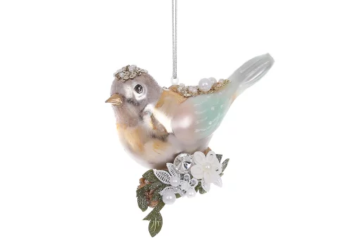 Ялинкова фігурна прикраса зі скла Пташка на гілці, з декором з бісеру 11*8,5 см