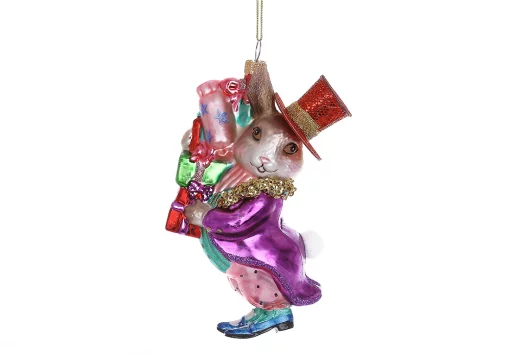 Ялинкова фігурна прикраса зі скла Кролик з подарунками 13.5см, скло