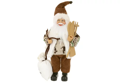Новорічна фігура Санта з мішком подарунків і лижами 30см, колір - бежевий з коричневим