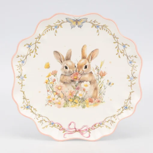 Тарілка "Пара кроликів у квітковому полі", біла, 26 см, кераміка