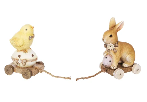 Декоративна статуетка курча та кролик на тачці 10.5см,11.5см, полістоун