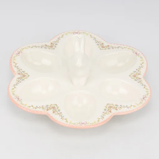 Підставка для 6 яєць "Кролик з квітами", біла, 25*9 см, кераміка